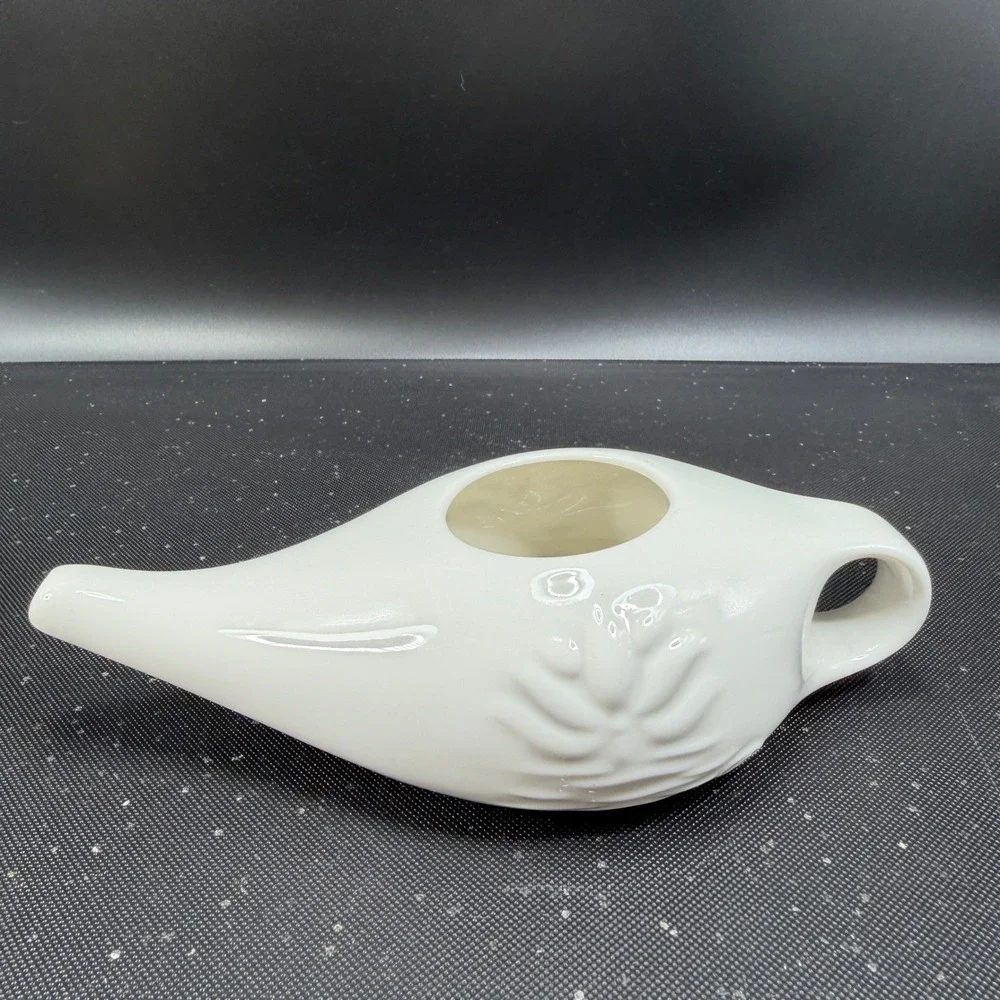 Himalayan Institute Varcho Veda Ceramic Neti Pot White Lotus Flower Design 7in